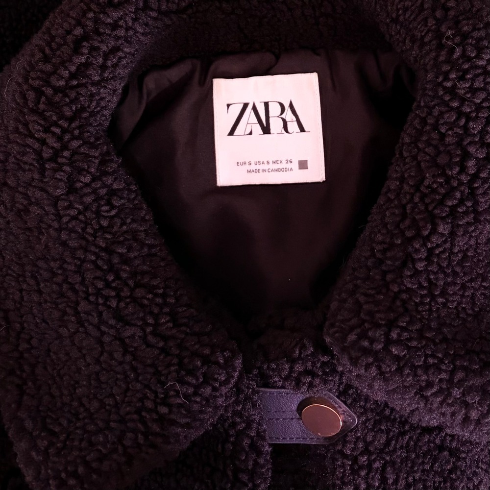 ZARA Black Sherpa Fuzzy Fleece Teddy Coat‎ Faux Shearling Snaps Pockets Small - Picture 12 of 16